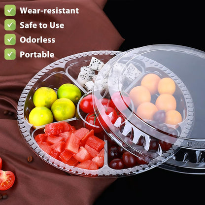 12Pcs Disposable Fruit Trays, Round Plastic Appetizer Serving Tray with Lid 5 Compartment Party Platters Divided Food Dip Containers for Snack Vegetable Salad Veggie Fruit Organizer-Black