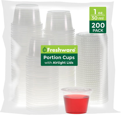 Freshware Plastic Portion Cups with Lids [2 Ounce, 200 Sets] Disposable Plastic Cups for Meal Prep, Salad Dressing, Jellos Shot Cups, Souffle Cups, Condiment and Dipping Sauce Cups