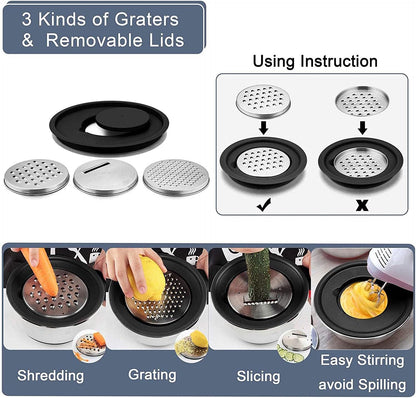 HAPPY KIT 304 Mixing Bowls with Lids Set of 2,Stainless Steel Mixing Bowl with Pour Spout, Non-slip Handle and Bottoms, 3 Grater Attachments, Measurement Marks & Lid, Size 5QT, 3QT(Red)