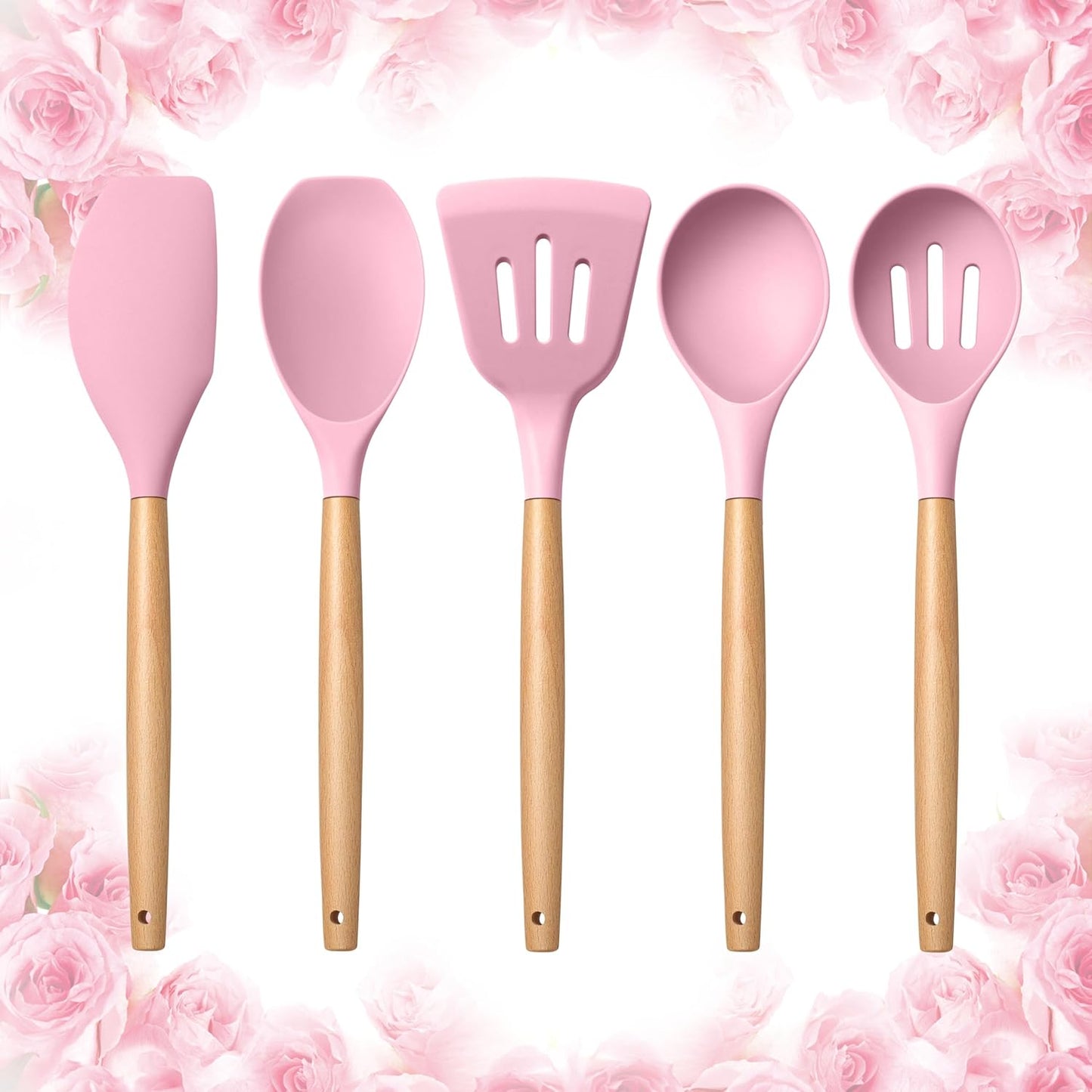 E-far Silicone Cooking Utensils Set, 5-Piece Kitchen Utensils Set with Wooden Handle for Cooking, Silicone Kitchen Nonstick Tools Spatula Turner Slotted Spoons, Nontoxic & Heat Resistant-Khaki