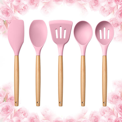 E-far Silicone Cooking Utensils Set, 5-Piece Kitchen Utensils Set with Wooden Handle for Cooking, Silicone Kitchen Nonstick Tools Spatula Turner Slotted Spoons, Nontoxic & Heat Resistant-Khaki