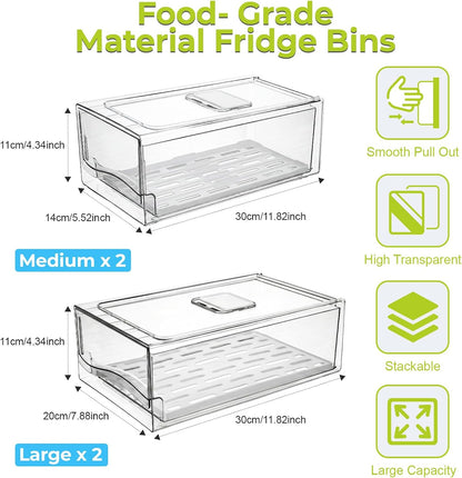 4Pack Fridge Organizer, Stackable Refrigerator Organizer Bins, Reusable Food Storage Containers, BPA-Free with Drain Tray for Bathroom, Kitchen, Refrigerator, Pantry (4 Drawers, Large, Medium)