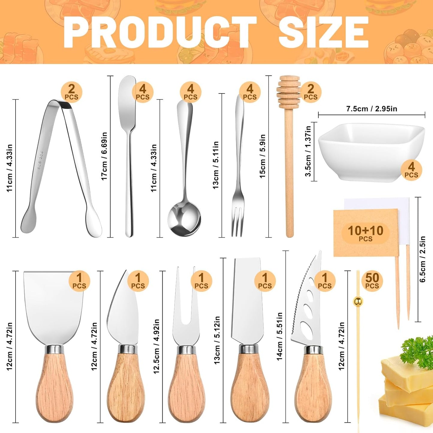 FrutPunch Charcuterie Boards Accessories, Charcuterie Accessories with Cheese Spreader Set, Charcuterie Utensils also Include Tongs, Spoons, Forks, Honey Sticks, Flags, A Total of 95 Pieces