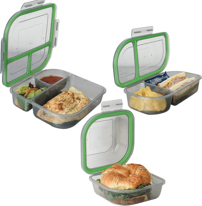 MyGo Container Large To-Go 3-Compartment Food Containers, Pack Of 3, 9-3/8" X 9-3/8" X 2-1/2", Reusable, Microwave Safe, NSF Certified, Smoke/Green