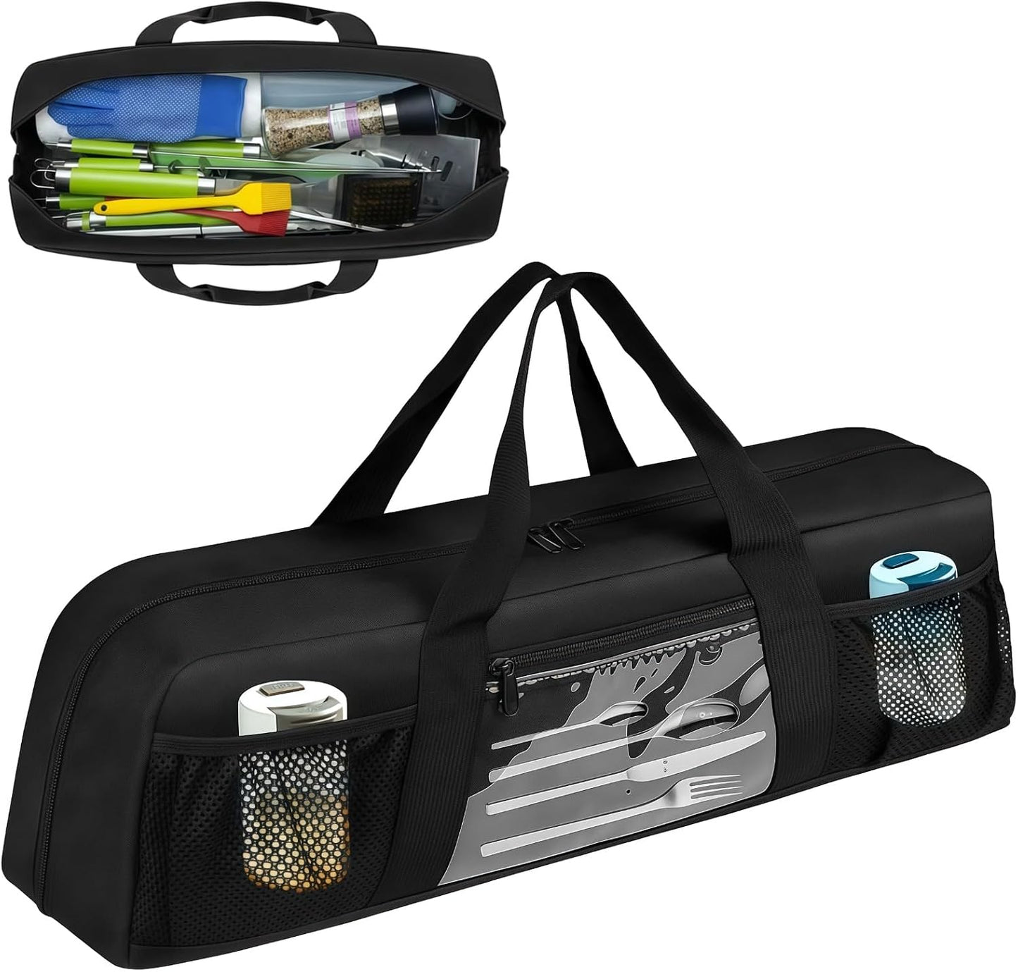 Grill Tool Storage Bag, Outdoor BBQ Utensil Holder for Barbecue Tool up to 20", Large Grill Utensil Storage Caddy with Pockets, BBQ Accessories Case Container for Camping, Bag Only, Black