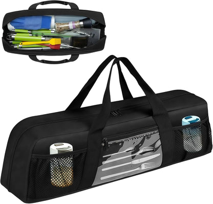 Grill Tool Storage Bag, Outdoor BBQ Utensil Holder for Barbecue Tool up to 20", Large Grill Utensil Storage Caddy with Pockets, BBQ Accessories Case Container for Camping, Bag Only, Black