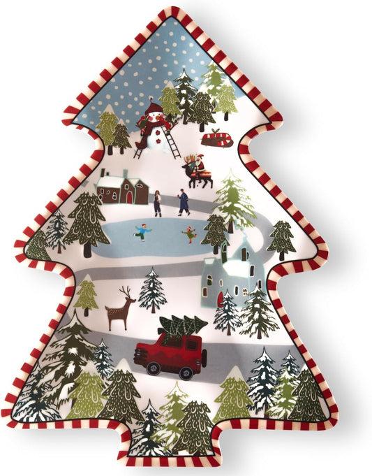 Christmas Tree Melamine Tray - Santa & Snowman Pattern | Ideal for Holiday Treats, Candy, and Feasts | Festive Tableware for Christmas Parties (1 Pack)