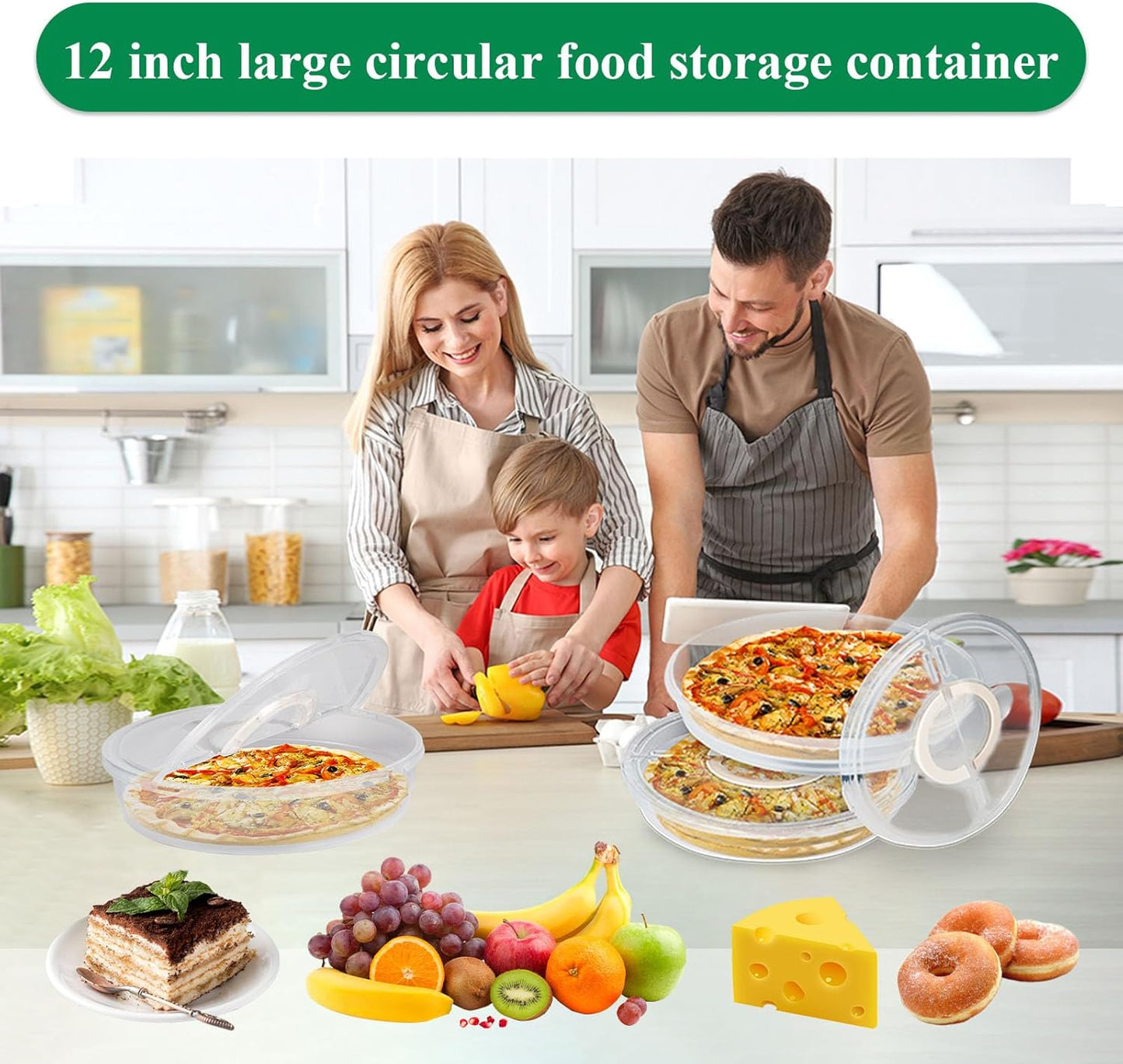 2 Pack 12inch Food Storage Container with Lid and Handle, Reusable 2 Compartments Pizza Slice Storage Container, Round Clear Pie Carrier Leftover Pizza Keeper for Cake Cheesecake Tortilla Pastry
