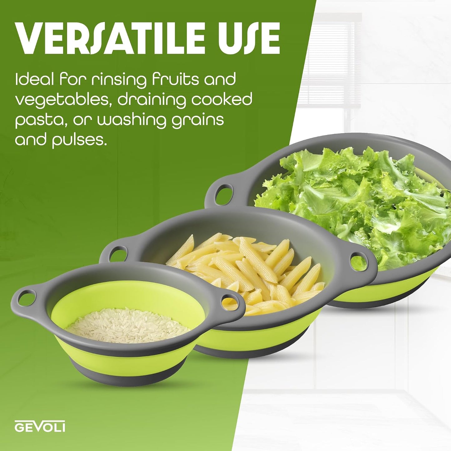 Gevoli 3-Pack Collapsible Colanders with Self-Draining Base, Over Sink-edge Silicone Food Strainers, Small/Med/Large Sizes, Nesting for Easy Compact Storage (3Qt, 4Qt, 5-Quart Set) Green/Gray