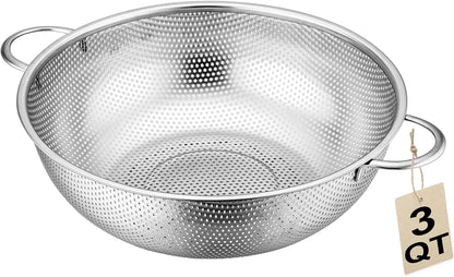 Stainless Steel Colander, 3-Quart Micro-Perforated Metal Colander Strainer with Handle for Kitchen/Draining Pasta/Rinsing Vegetables Fruits,Dishwasher Safe - 8.8 Inches