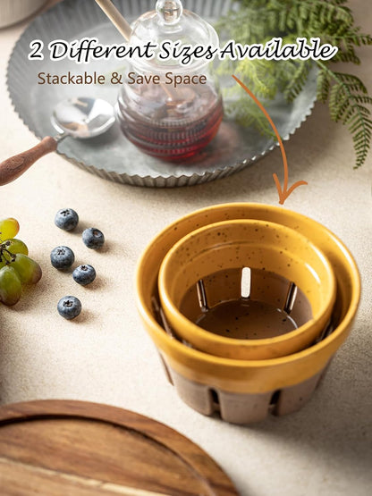 Gomakren Berry Bowls with Holes Ceramic, Berry Washing Bowl Basket Set of 2, 5.8 Inch Round Fruit Bowl Storage Containers, Strawberry Baskets, Farmhouse Kitchen Decor, Yellow + Brown