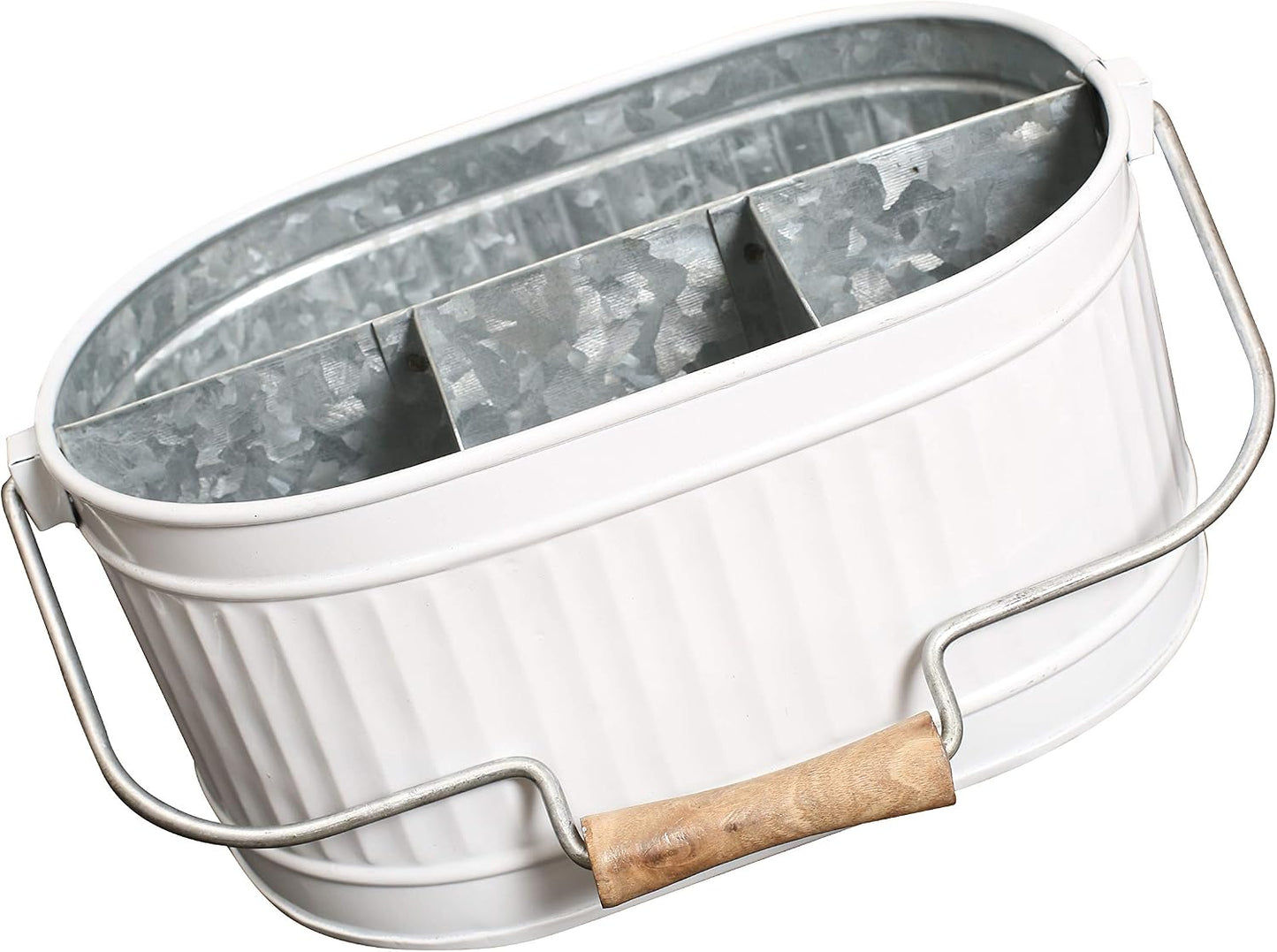 Alpha Living Home Galvanized Metal Utensil Caddy - Rustic Farmhouse Organizer Metal Garden Caddy with 4 Compartments and Wooden Handle for Kitchen, Buffet & Outdoor Events (Silver)