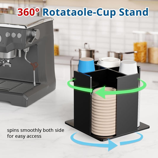 KOTEMON Cup and Lid Holder, 4 Compartment, Square | Rotating Coffee Cup Dispenser Lid Carousel for Restaurant, Buffet, Coffee Station, Bar, Countertop, Clear Acrylic
