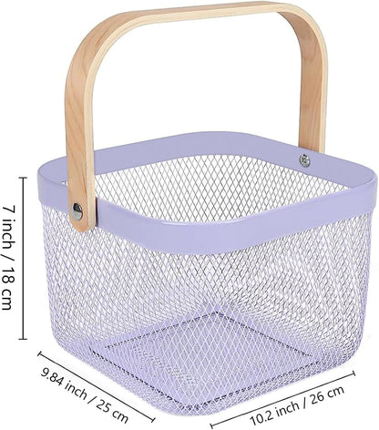AJIODA Metal Mesh Steel Basket, Storage Organizer Basket Multi-functional Hanging Kitchen Baskets Fruit Basket Bin with Bamboo Handle for Kitchen Bathroom Picnic Shopping Decor Cabinet Home, Blue