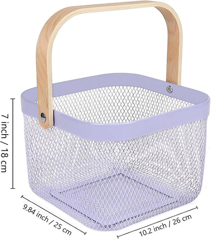 AJIODA Metal Mesh Steel Basket, Storage Organizer Basket Multi-functional Hanging Kitchen Baskets Fruit Basket Bin with Bamboo Handle for Kitchen Bathroom Picnic Shopping Decor Cabinet Home, Blue
