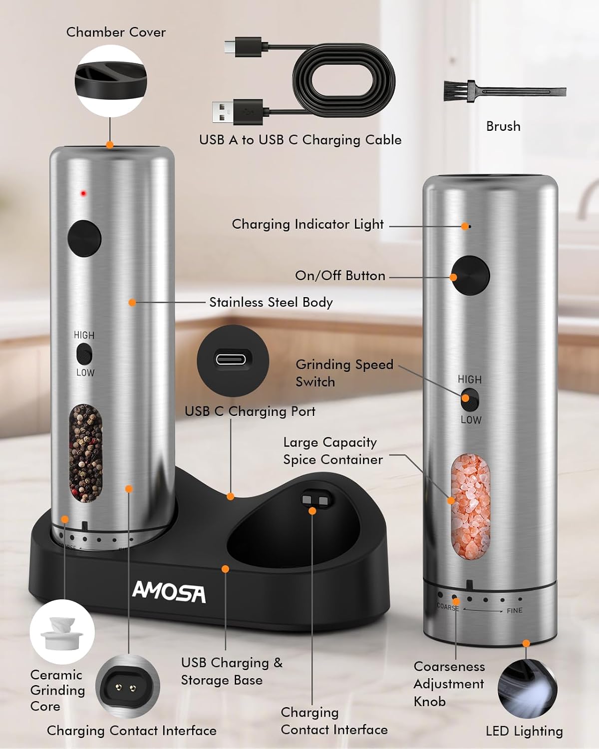 Electric Salt and Pepper Grinder Set, 2 in 1 Dual Bins USB Rechargeable