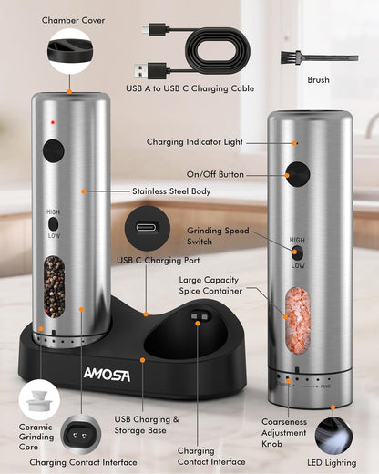 Electric Salt and Pepper Grinder Set, 2 in 1 Dual Bins USB Rechargeable