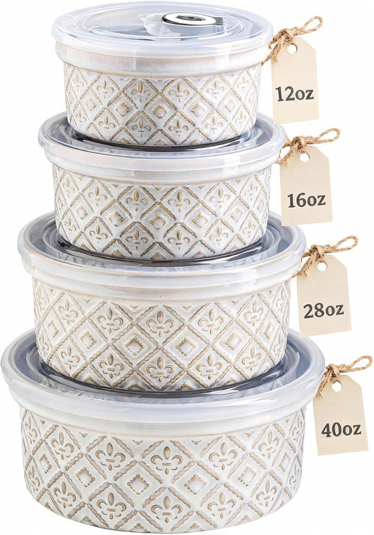 Airtight Food Storage Containers with Lids Mixing Bowls Set, Ceramic Serving Bowls with Lids Set of 4, 12/16/28/40 oz Stackable Nesting Salad Bowls for Cooking, Baking, Ramen - Beige
