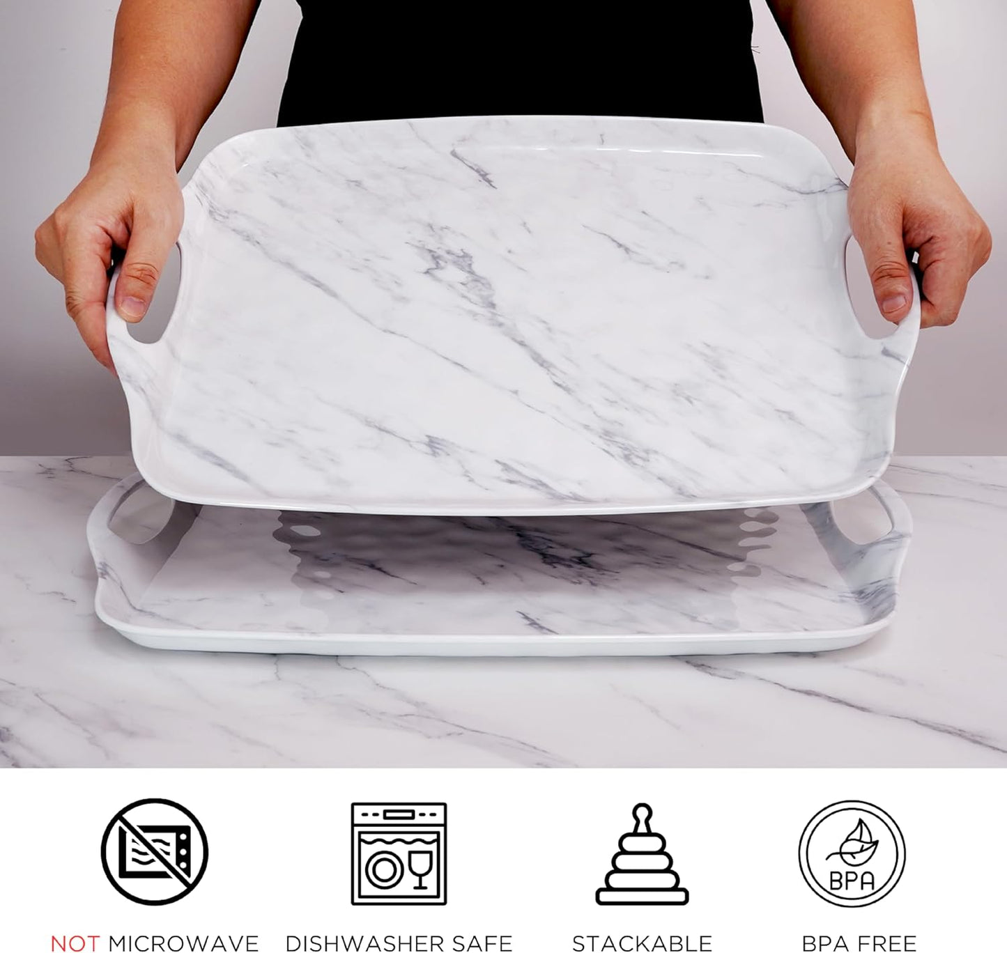 TP Large Serving Trays with Handles, 19" x 12" Melamine Serving Platters for Food, Turkey, Set of 2 Rectangular Trays for Party, Pure White