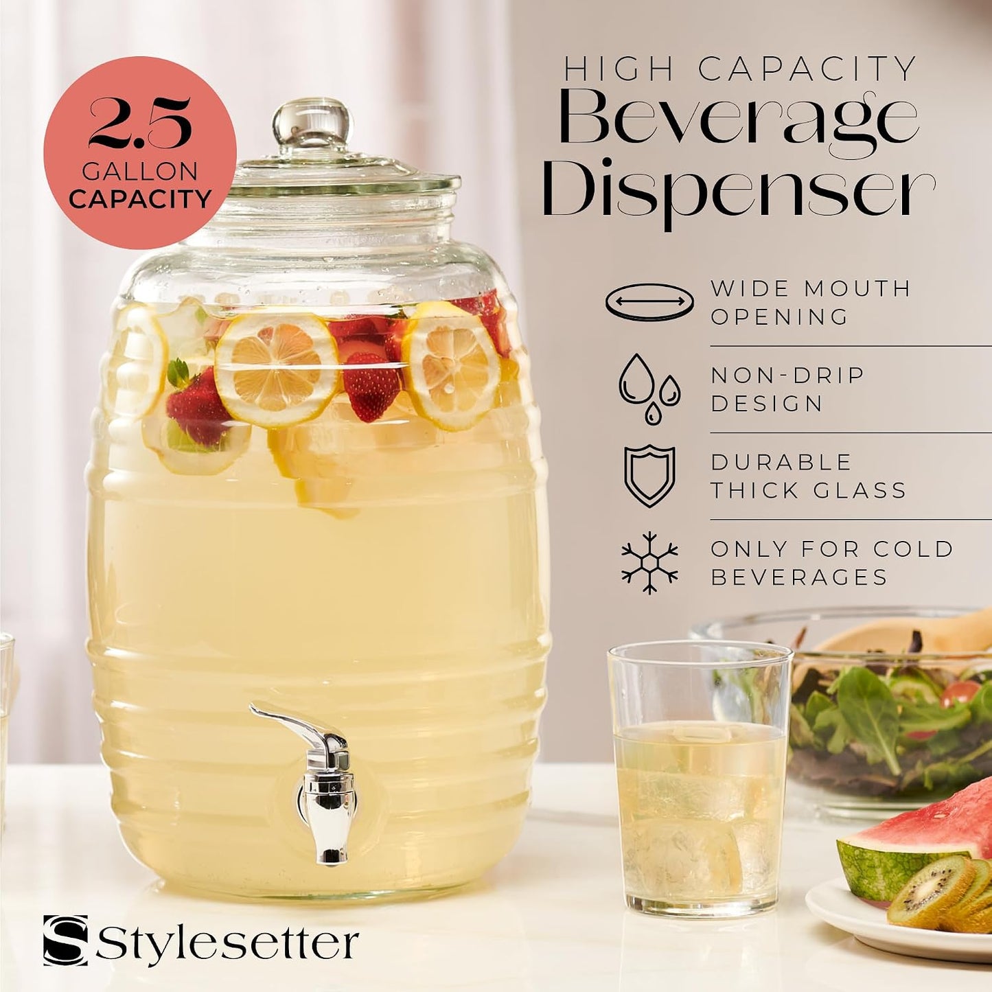 Style Setter Oak Grove Glass Beverage Dispenser with Stand - 2.5 Gallon Drink Dispenser with Galvanized Base & Leak-Proof Acrylic Spigot - Birthday, Wedding, Party Drink Dispenser with Stand