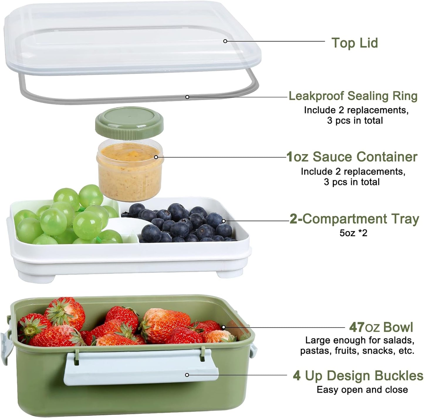 3 Pack Salad Lunch Box Food Storage Containers, 47oz Bento Box To Go Container with Lids, Reusable Meal Prep Containers with Removable Tray & Dressing Pots for Kids and Adults, Microwave Safe
