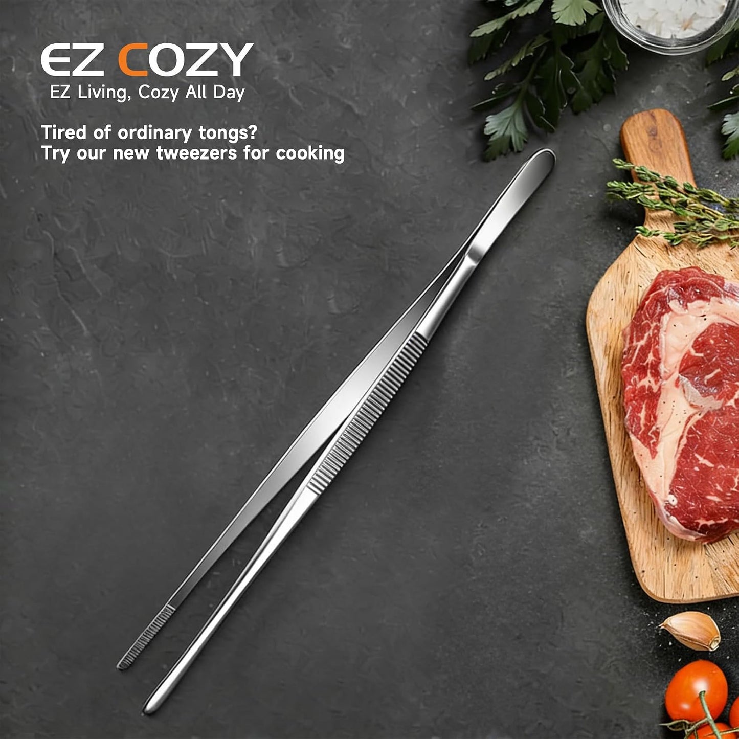 Kitchen Tweezers 2PC Cooking Tongs Set, Stainless Steel Food-Grade 12" Long Tweezers, Pointed & Rounded Tip Metal Tongs for Cooking, Kitchen Gadgets for Grilling, BBQ, Pasta, Food Serving