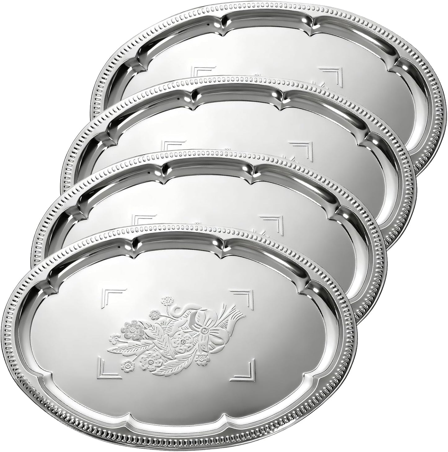 4 Pcs Large Silver Serving Trays, 15.7" x 11.8" Stainless Steel Rectangle Serving Tray, Decorative Silver Plates, Floral Engraved Tray, Metal Sizzler Plates for Coffee Table, Bar, Party, Club, Home