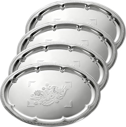 4 Pcs Large Silver Serving Trays, 15.7" x 11.8" Stainless Steel Rectangle Serving Tray, Decorative Silver Plates, Floral Engraved Tray, Metal Sizzler Plates for Coffee Table, Bar, Party, Club, Home