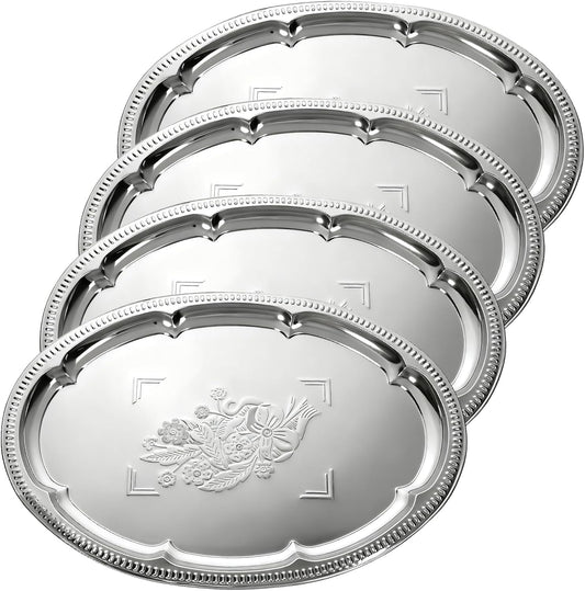 4 Pcs Large Silver Serving Trays, 15.7" x 11.8" Stainless Steel Rectangle Serving Tray, Decorative Silver Plates, Floral Engraved Tray, Metal Sizzler Plates for Coffee Table, Bar, Party, Club, Home