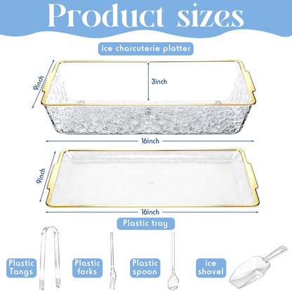 Baderke 16" x 9" Chilled Serving Tray for Parties with lids Compartments Ice Chilled Party Platter Charcuterie Serving Board Cold Dish Dip with Tongs for Fruit Seafood Vegetable (Dark Wood)