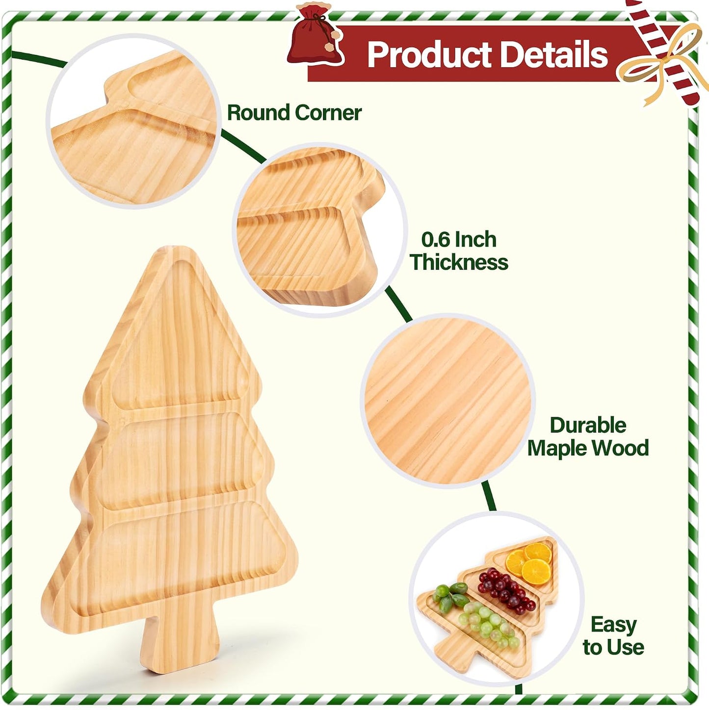 Divided Wood Serving Tray, Rectangular Tray Chip and Dip Platter, Serving Tray with 5 Sections for Appetizers & Snacks, Veggie Platter, Food Trays for Party 12'' x 8.7'' x 0.6''