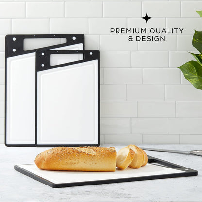 JoyJolt Plastic Cutting Board Set. White and Black Cutting Boards for Kitchen Dishwasher Safe with Handle. Non Slip Large and Small Chopping Board Set; Meat Cutting Board with Juice Groove.