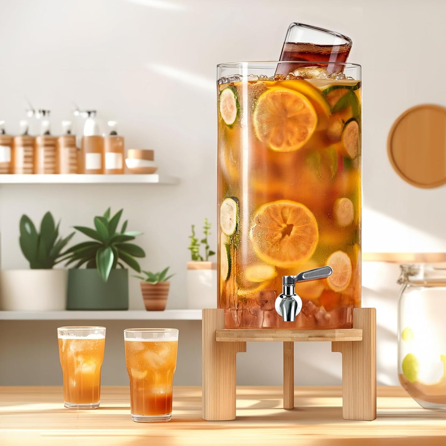 Beverage Dispenser 2.1 Gallon, Glass Drink Dispenser with Stand, Drink Dispensers for Parties, Beverage Dispenser with Wood Stand, Stainless Steel Spigot, for Parties,Bars,Restaurants (2.1 Gallons)