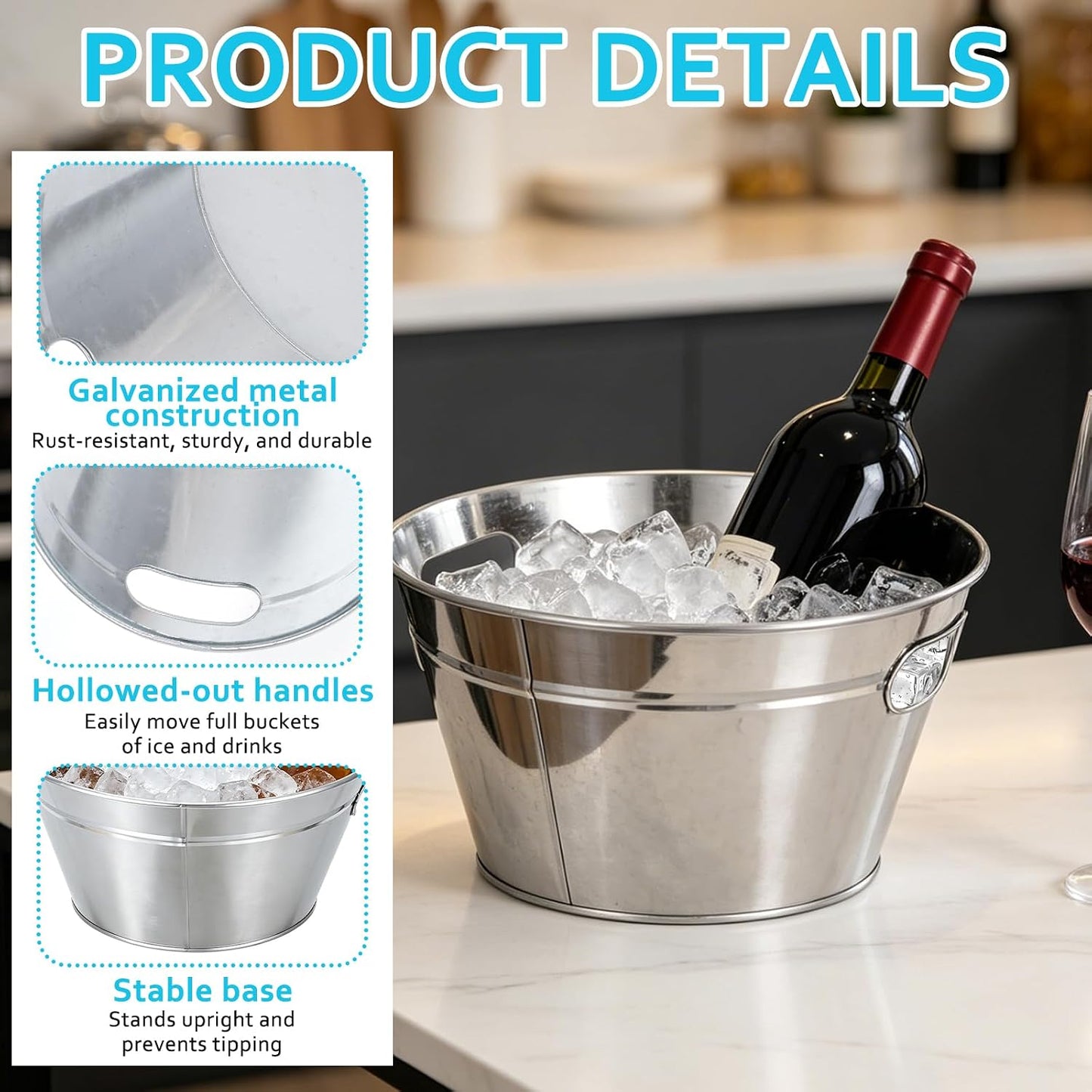 5 Pcs Large Metal Bucket Beer Bucket with Ice Shovels and Tongs Galvanized Steel Pail for Summer Pool Wedding Table Centerpiece Party Supplies (7.4 x 7.4 x 5.9 Inch,Silver)