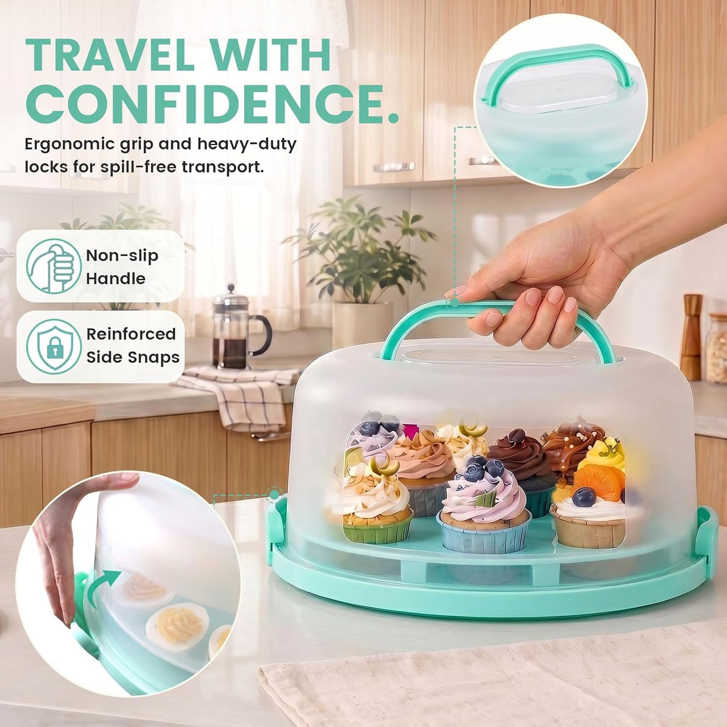HANSGO Cake Carrier with Lid and Handle, Extra Deviled Egg Containers, Cake Holder for 10 inch Cakes with 2 Handles, 11 Capacity Cupcake Carrier, Two Sided Base for Nuts, Fruits, Muffins, Pies, Pizza
