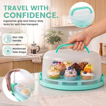 HANSGO Cake Carrier with Lid and Handle, Extra Deviled Egg Containers, Cake Holder for 10 inch Cakes with 2 Handles, 11 Capacity Cupcake Carrier, Two Sided Base for Nuts, Fruits, Muffins, Pies, Pizza