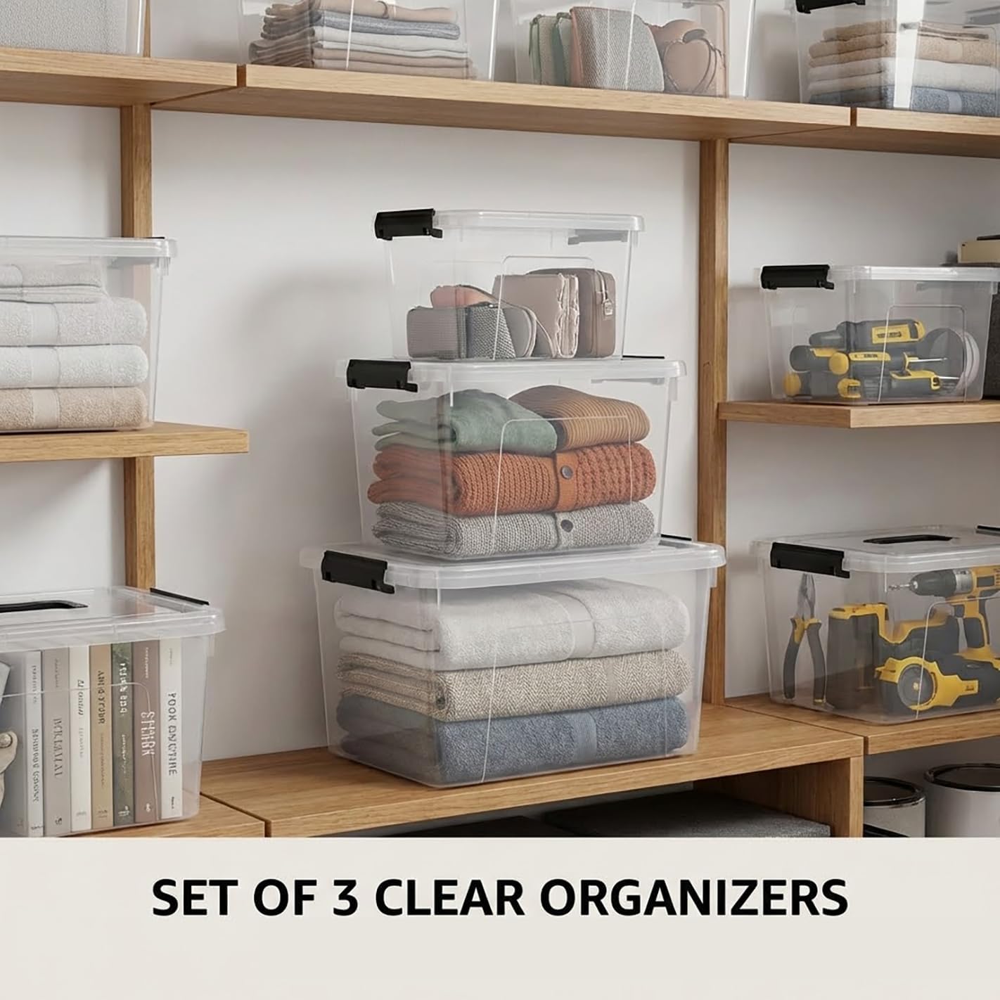 Plastic Storage Bins with Lids, 2 Pack Mixed Sizes (7 Qt, 16 Qt) Clear Black with Lid Stackable Organizer Boxes with Latches for Closet, Pantry, Bathroom, Office