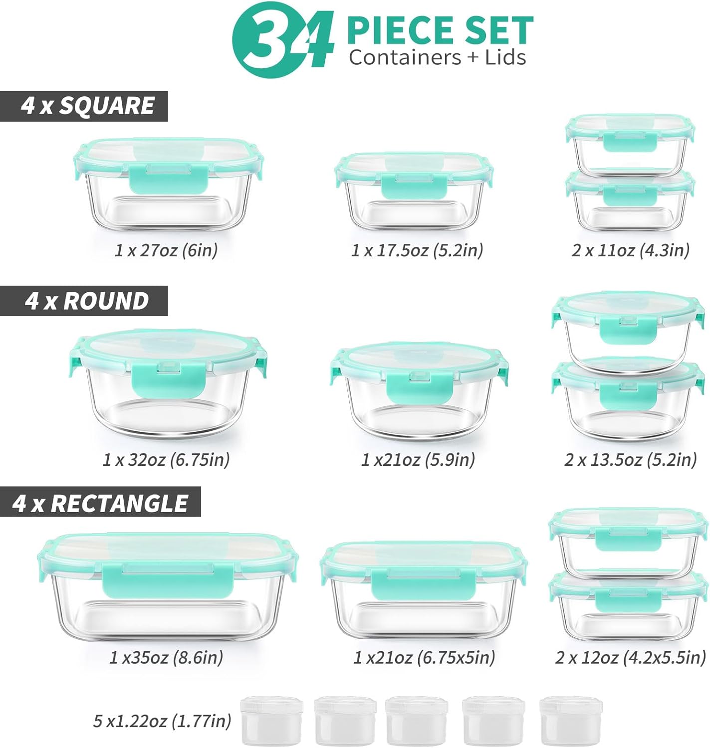 34pcs Glass Food Storage Containers with Lids Set, Airtight Glass Meal Prep Containers (17 Containers & 17 Lids), Leak Proof Lunch Container BPA-Free, Microwave, Oven, Freezer, Dishwasher Safe-Blue