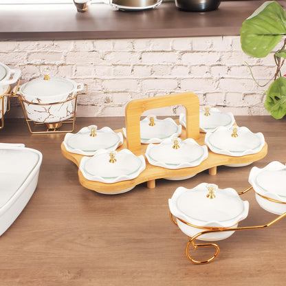 Ceramic Serving Bowls with glass Lids and metal Platter, 3 Removable Dipping Bowls Relish Tray Nuts Dishes for Appetizer, Fruits, Candy & Condiment, Perfect for Party Entertainment