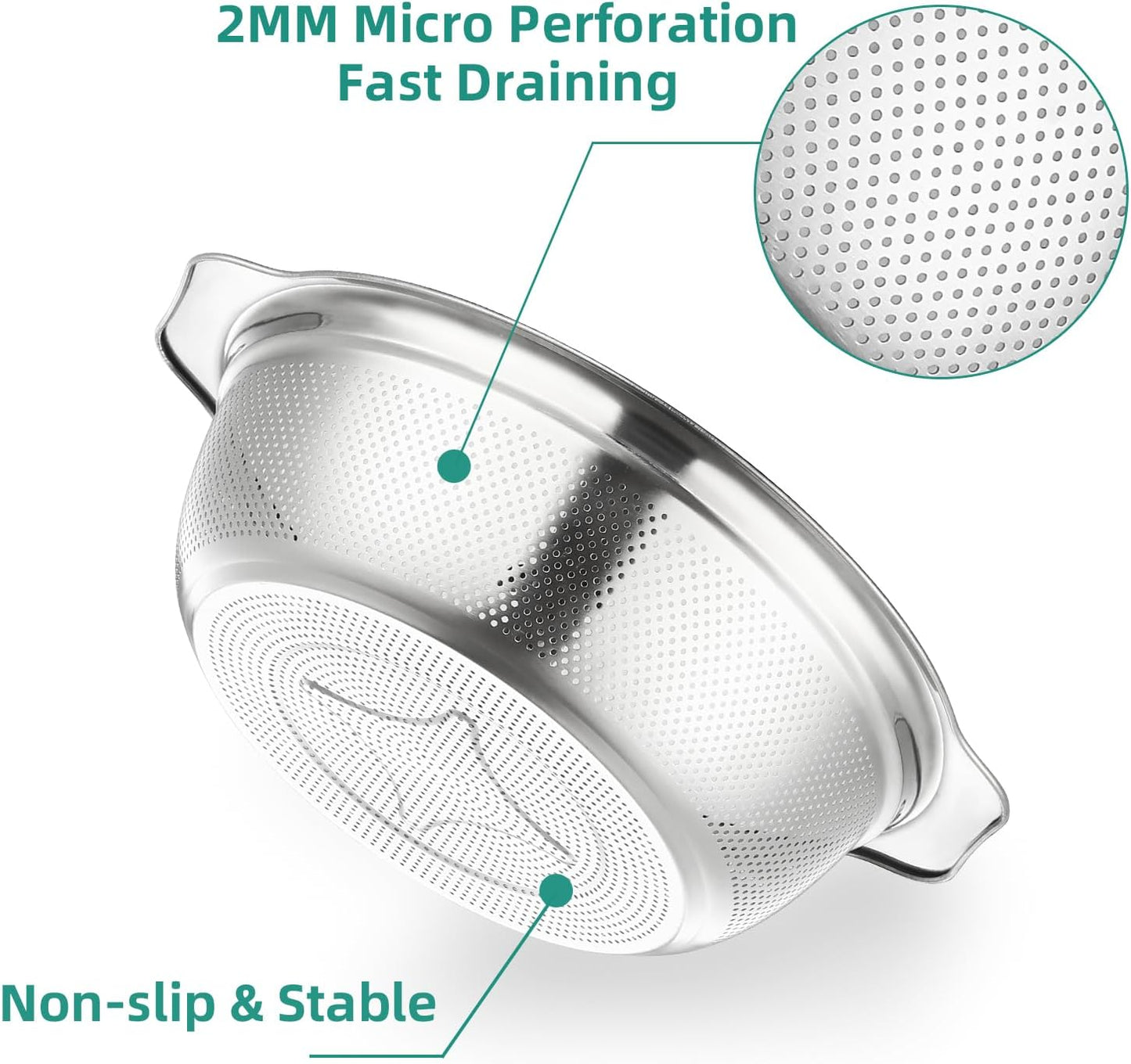 Stainless Steel Colander for Kitchen 2-Quart, Strainer Microporous with Mixing Bowl, Rice Strainer for Washing Vegetables, Fruit and Draining Cooked Pasta, Dishwasher Safe
