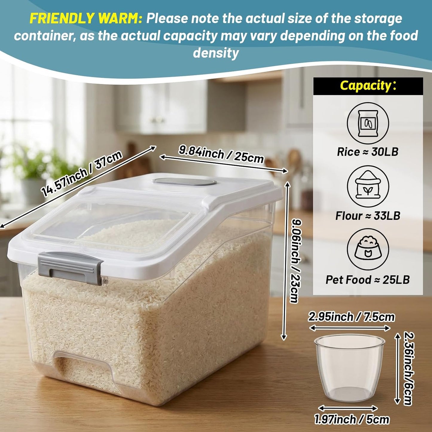 Blushtier 4 Pack Large Rice Storage Containers 30 Lbs Airtight Flour Container with Seal Locking Lid and Measuring Cup Kitchen Dry Food Storage Bins for Cereal Sugar Beans(Transparent White)