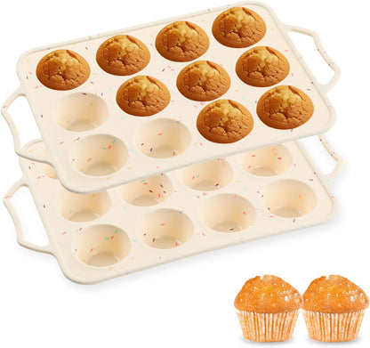 2 Pack Silicone Muffin Pans 12 Cups Regular Size, Nonstick Cupcake Baking Pan with Metal Reinforced Frame, BPA Free Silicone Muffin Trays, Oven & Dishwasher Safe for Homemade Muffins Egg Bites