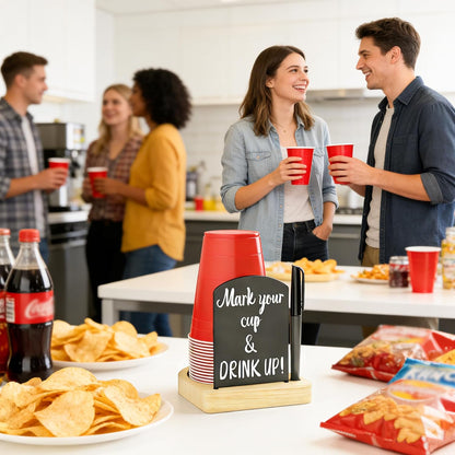 Decorative Solo Cup Holder with Marker Slot, Disposable Cup Dispenser Prevents Drink Mix-Ups – A Hosting Essential for Birthdays, BBQs, Gatherings & Housewarming, Brown