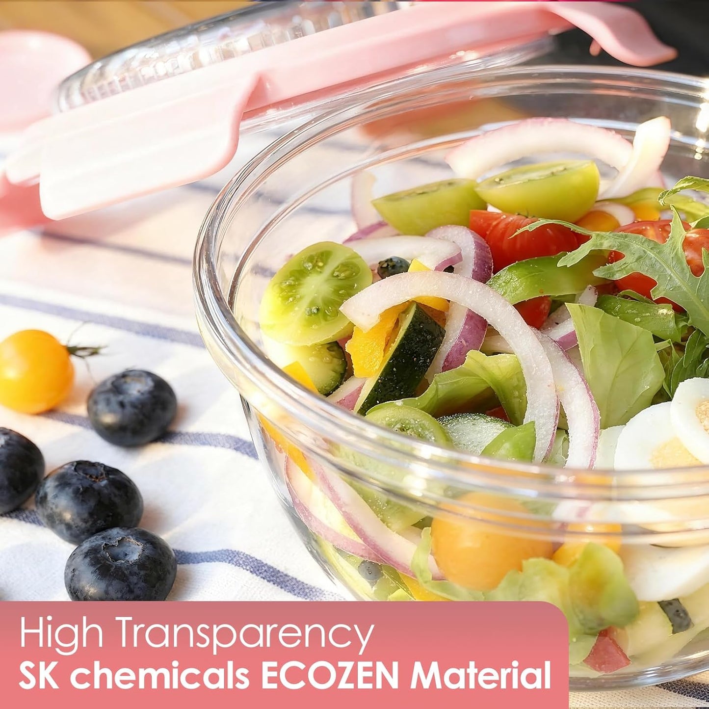WHALEHOUSE Clear Eco-friendly SK chemicals ECOZEN Salad Container, 33OZ Portable Plastic Salad Bowls with Lid & Snack Tray, Leak-Proof Dressing Container, Reusable Fork, Lunch Box for Meal Prep (Pink)