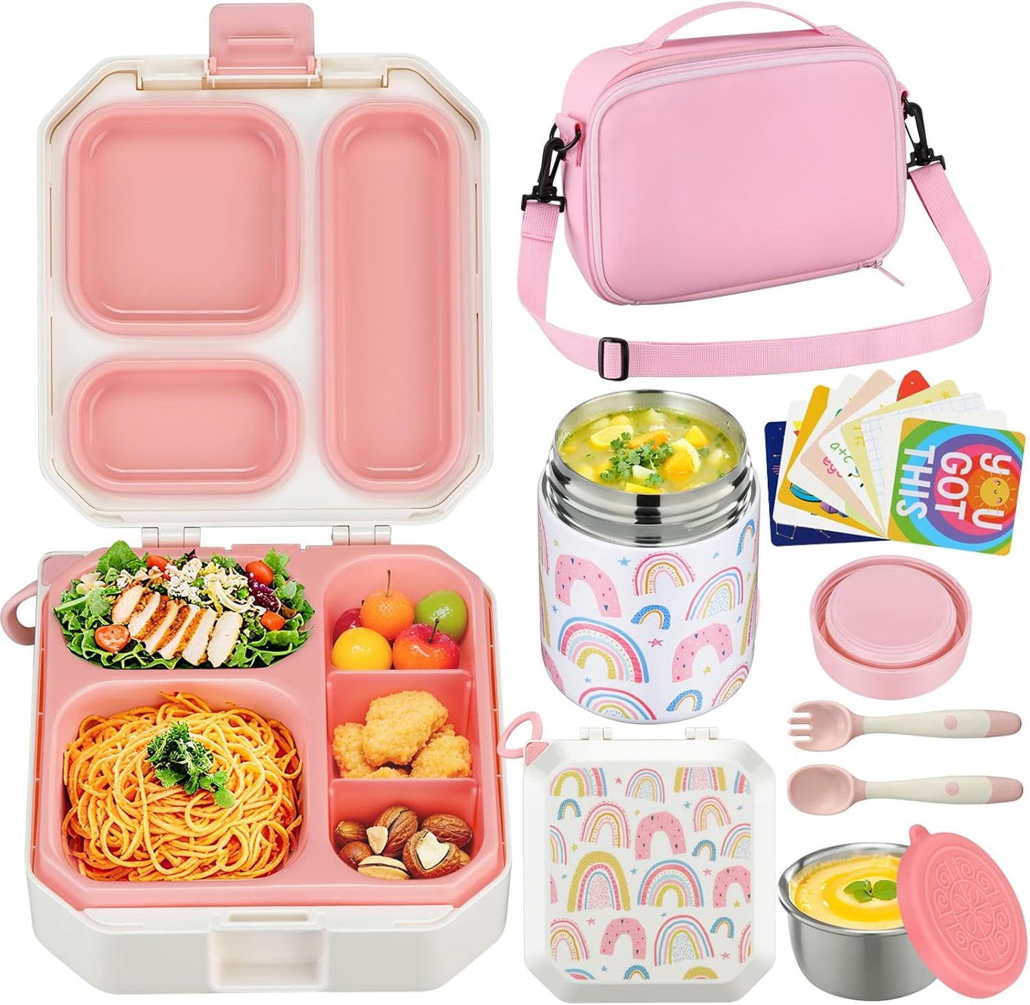 Itslife Bento Lunch Box Set for Kids with 12oz Soup Thermo&Lunch Bag, Leak-Proof Lunch Food Containers for Kids School, 5 Compartment, Sauce Cup, 10 Notes (Dinosaurs Black)