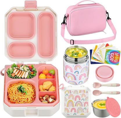 Itslife Bento Lunch Box Set for Kids with 12oz Soup Thermo&Lunch Bag, Leak-Proof Lunch Food Containers for Kids School, 5 Compartment, Sauce Cup, 10 Notes (Dinosaurs Black)
