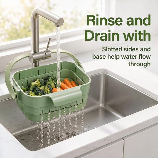 Foldable Hanging Sink Drain Basket,2026 Upgrade Sink Strainer Basket,No-drill removable sink filter basket for food scraps,produce rinsing,leftover draining and daily cleanup (Green)
