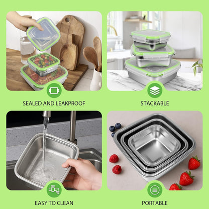 3 Pack Stainless Steel Sandwich Containers with Leak-Proof Lids, BPA-Free Airtight Metal Food Storage Boxes for Lunch, Snacks, Meal Prep – Reusable, Stackable, Dishwasher & Freezer Safe(Green)