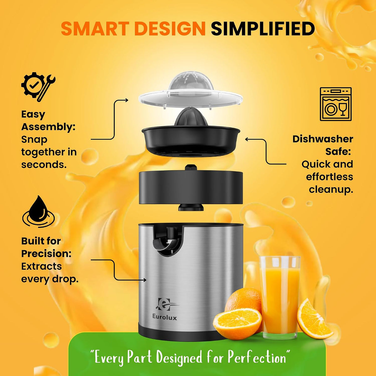 Eurolux Electric Orange Juicer, Sleek Effortless Citrus Juice Squeezer for Lemon, Lime, Grapefruit | Powerful Motor, Easy to Clean, Removable Dishwasher-Safe Parts