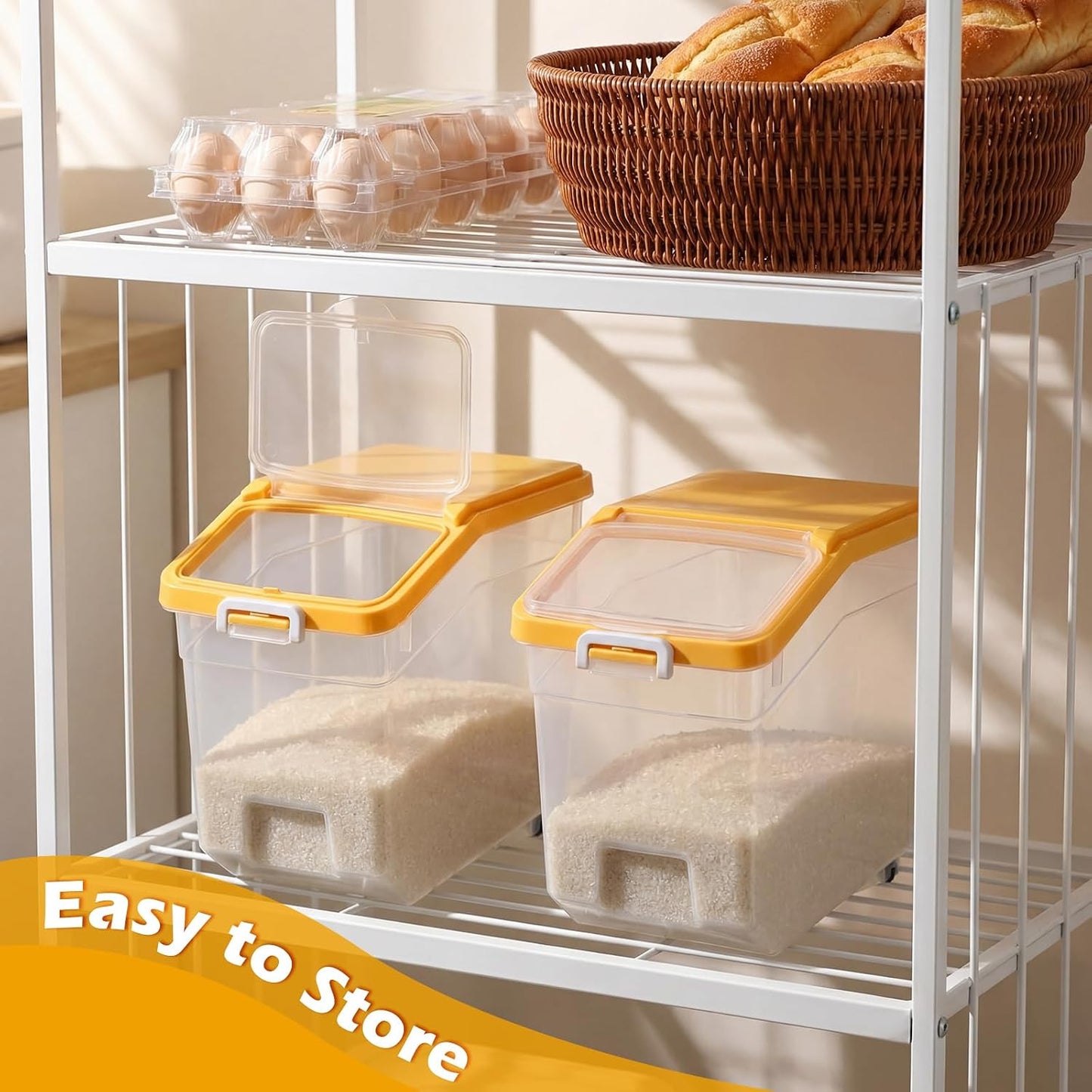 Sunnyray 4 Pcs Rice Storage Container 22 lb Airtight Flour Container with Wheels Measuring Cup Clear Pet Food Cube Dog Cat Birds Food Bin Grain Cereal Organizer Box for Dry Baking Supplies(White Lid)